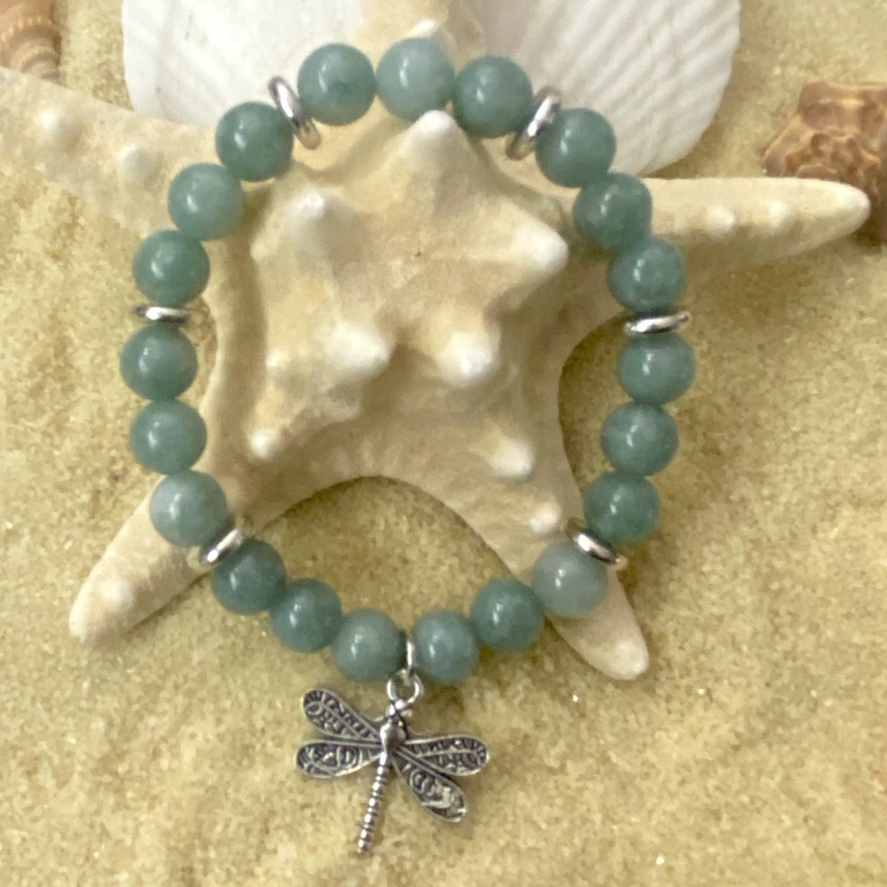 Beaded bracelet - jade and silver tone with dragonfly charm